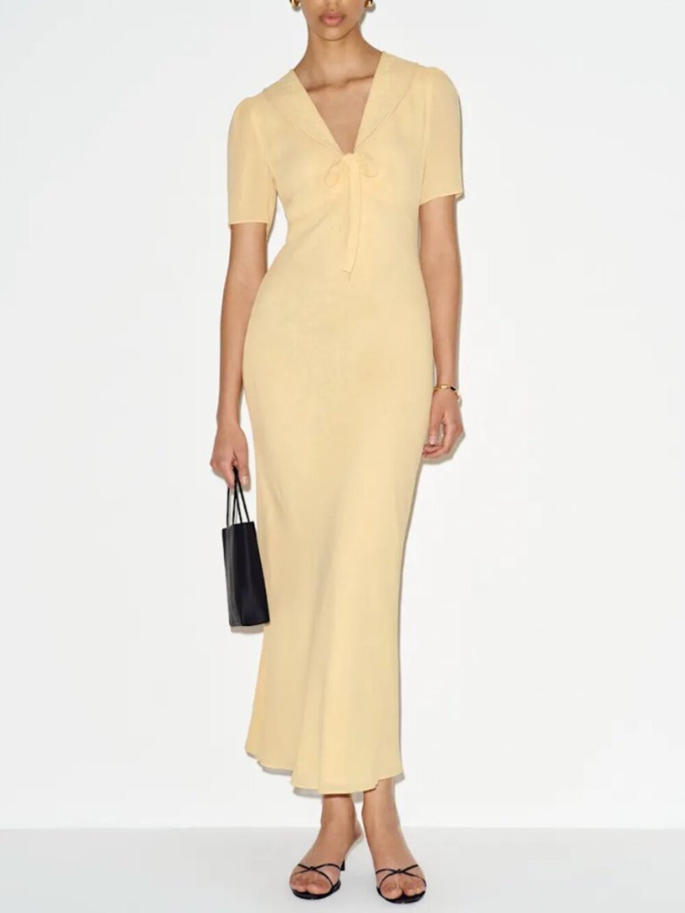 Reformation Pale Yellow Midi Dress with Tie Neck